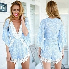 Fashion Lace Spliced Deep V-neck Long Sleeve Floral Print Jumpsuits
