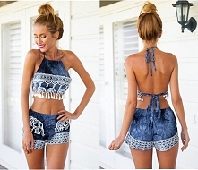 KOMPLET KOMBINEZON TOP I SZORTY WIĄZANE NA SZYI BOHEMIAN ORNAMENT  BIAŁY NIEBIESKI LETNI