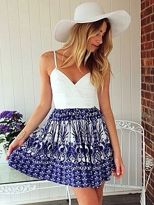 Retro Biały Niebieski Przeszycia Głęboki dekolt Wydrukowano Szelki Mini sukienka bez rękawów Powrót Otwarte