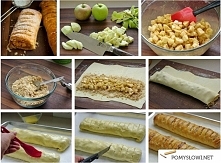 Składniki
- Strudel: 1 sztuka
- mąka: 150 gramów
- sól: 1 szczypta
- olej: 2 łyżki

- Nadzienie: 1 sztuka
- winne jabłka: 400 gramów
- cukier: 3 łyżki
- posiekane orzechy laskow...