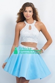 2015 Two-Piece Halter A-Linie kurz / Mini-Heimkehr-Kleid-Satin mit Perlen