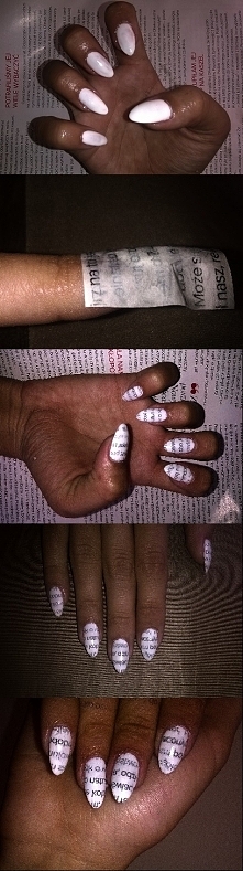 #Papierowe paznokcie
#Prosta sprawa kochane. Wystarczy nam jasny lakier, paski wycięte z gazety, perfum, lakier bezbarwny (lub też odżywka). 
#Pierwszym rokiem jest pomalowanie ...