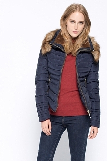Ocieplana pikowana kurtka, kaptur, futerko, granatowa