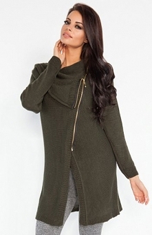 Fobya F151 sweter oliwkowy Świetny kardigan damski, dłuższy fason, wykonany z miękkiej przędzy