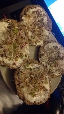 dzisiejsze Sniadanie, ciemne pieczywo z białym twarożkiem plus kiełki :)