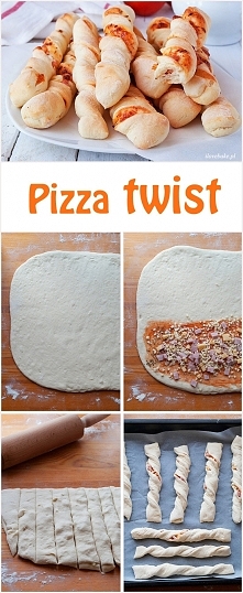 PIZZA TWIST SKŁADNIKI NA CIASTO: 500 g mąki pszennej 25 g drożdży świeżych lub 7 g suchych 2 łyżki oleju 1/2 łyżeczki cukru 1 łyżeczka soli 350 ml wody, lekko ciepłej DODATKOWO:...