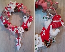 Wianek świąteczny na drzwi, z ręcznie uszytych zabawek