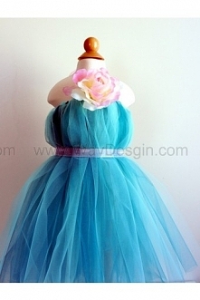 Beautiful Flower Girl Dress, Tutu Dress, Turquoise with Delicate Oversized Pink and Cream Flower