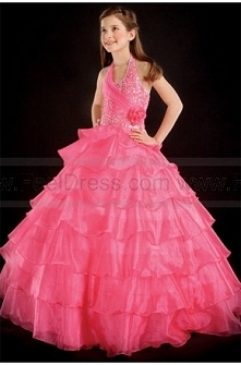 A line Halter Rosette Beading Organza Girl Pageant Dress