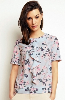 Karen-styl H68 bluzka niebieskie kwiaty Zwiewna bluzka, krótki rękaw, prosty fason