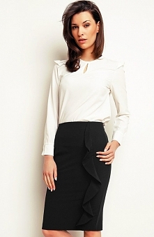 Karen-styl H65 spódnica czarna Nietuzinkowa spódnica, model ołówkowy, przód zdobi piękna falbana