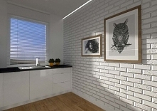 Druga wersja aranżacji kuchni. Tym razem w projekcie projektant wnętrz zaproponował ściankę z białych cegieł.