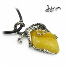 ośmiornica, wisior srebrny z bursztynem