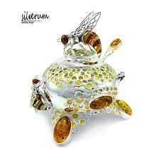 Unikatowa srebrna cukiernica,ręcznie wykonana,ozdobiona pszczołami i bursztynem,miejscami złocona.