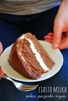 Ciasto Milka Składniki na biszkopt: 3 duże jajka 3 łyżki cukru 3 łyżki mąki płaska łyżeczka proszku do pieczenia 2 łyżki kakao 2 łyżki ciepłej wody Białka oddzielić od żółtek i ...