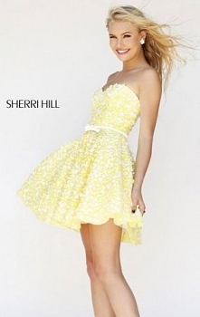 Yellow/White Sherri Hill 11117 Polka Dot Sweetheart Strapless Cocktail Dress