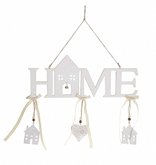Zawieszka drewniana HOME z literami w kolorze białym lekko przecieranym z ozdobnymi domkami i ażurowym serduszkiem. Wyjątkowa i piękna dekoracja do powieszenia. Zawieszka drewni...