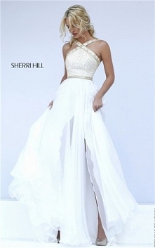 Beaded Halter Neck Sherri Hill 11319 Slit Ivory Long Prom Dress 2016