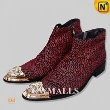 CWMALLS® Red Embossed Leather Ankle Boots CW750220