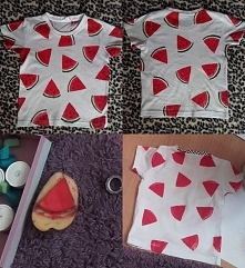 W dzieciństwie mama wycinała pieczątki z ziemniaka, dziś wracam do tego pomysłu,, odbiłam na koszulce trójkątne pieczątki, domalowałam białą i zieloną farbą skórkę, a markerem n...