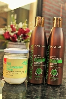 1. Olej kokosowy extra virgin 2.Szampon Kativa z olejkiem macadamia 2. Odżywka Kativa z olejkiem macadamia (bez soli i parabenów)