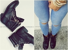 Rewelacyjne botki typu worker,
to zdecydowany hit jesiennych stylizacji,
buty sznurowane z zewnętrznym złotym zipem,
świetnie wyprofilowane,
wygodne, doskonale trzymają stopę, s...