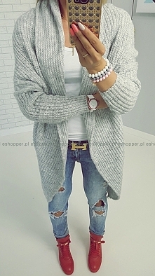 KARDIGAN narzutka warkocz WEŁNA GREY sophie