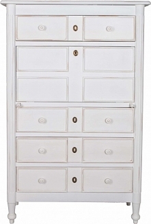 Wysoka komoda z barkiem i szufladami.
Barek podpierany na dwóch wysuwanych prowadnicach.
Wykończenie white - odcień czystej bieli.