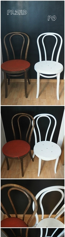 Drugie życie starego krzesła. Wystarczy papier ścierny, biała farba (która pozostała mi po malowaniu drzwi) i odrobina cierpliwości ;) 

Zamiast obicia na siedzenie dam poduszkę.