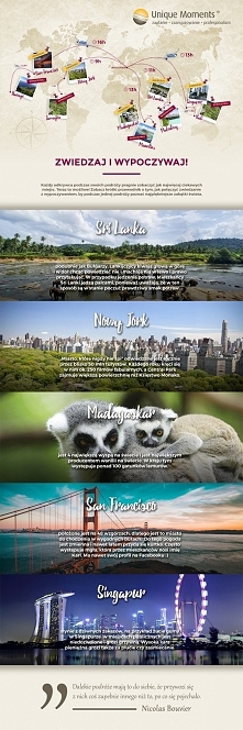Infografika: zwiedzaj i wypoczywaj podczas jednej podróży. Sposoby na to, jak można zobaczyć wiele miejsc podczas jednej wyprawy. 
Infografika Unique Moments