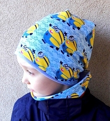 Minionkowy komplecik czapka przedłużana typu "smerfetka/beani" plus komin, uszyte z miękkich dresówek w dwóch warstwach. Materiały do wyboru do koloru :)