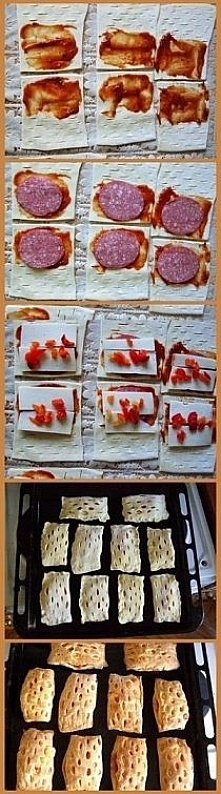 składniki :  -ciasto francuskie , -sos pomidorowy , -salami , -ser , -kawałki papryki ,  - można do tego dodać pieczarki .