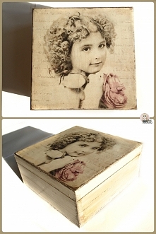 Pudełko z dziewczynką, postarzane, grubo lakierowane. Efekt spękań uzyskany bez użycia medium.