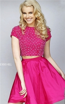 Cheap Two Piece Sherri Hill 32291 Fuchsia Beaded Short Prom Dress 2015