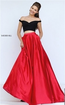 Black/Red Sherri Hill 50194 Two-Piece Off Shoulder Long Prom Dresses 2016