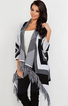 Fobya F223 kardigan czarny Rewelacyjny kardigan damski, dostępny w trzech modnych wzorach, wykończona frędzlami