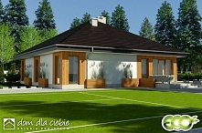 Kalandra to nowoczesny parterowy dom przeznaczony na nowe osiedla i tereny podmiejskie. Główna bryła domu oparta na rzucie kwadratu jest przekryta dachem kopertowym. Dobudowany ...