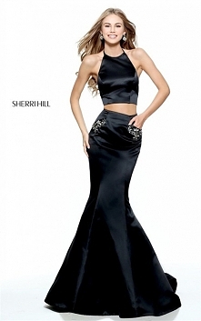 2017 Sherri Hill 50811 Black Floral Beads Halter 2-Piece Mermaid Gown