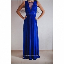 Kobaltowa szyfonowa długa sukienka na studniówkę z głębokim dekoltem z cekinami i siateczką