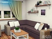 Projekt salonu w stylu prowansalskim. Interesująca kolorystyka - fiolet, oliwka i beż, stylowo i ciekawie!