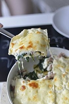 2 op świeżego szpinaku 6-8 płat lasagne 3-4 łyżki oliwy 1 cebula drobno posiekana 2 ząbki czosnku kilka plastrów prosciutto 250 g sera gorgonzola pieprz sól  Sos beszamelowy: 4 ...