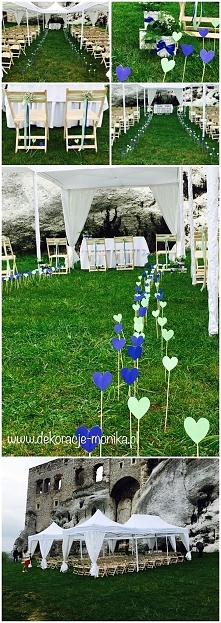 dekoracja plenerowa , białe namioty, drewniane krzesełka, Zamek Ogrodzieniec