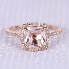6.5MM PRINCESS CUT MORGANITE AND DIAMOND ENGAGEMENT RING 14K ROSE GOLD CUSHION HALO STACKING BAND