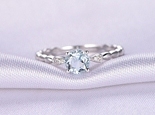 6MM ROUND CUT AQUAMARINE AND DIAMOND ENGAGEMENT RING 14K WHITE GOLD BAMBOO DOT