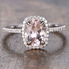 6x8mm Oval Cut Morganite and Diamond Engagement Ring 14k White gold Cushion Halo Stacking Band