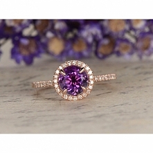 6.5mm Round Cut Natural Amethyst and Diamond Engagement Ring 14K Rose Gold Halo Stacking Ring