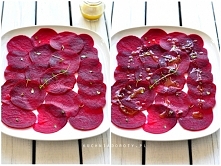 Carpaccio z buraków 5 buraków ugotowanych i obranych ze skóry. Sos: 3 łyżki oliwy 1 łyżka soku z cytryny 1/2 łyżeczki pieprzu 1/2 łyżeczki cukru kilka kropli przyprawy Maggi lub...