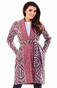 Awama A195 sweter bordowy Rewelacyjny sweter damski, wykonany z ciepłej wzorzystej dzianiny, wiązany w pasie