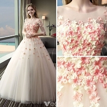 Piękne Ogród / Outdoor Szampan Suknie Ślubne 2017 Suknia Balowa Przebili Wycięciem 3/4 Rękawy Bez Pleców Aplikacje Kwiat Rhinestone Długie