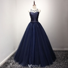 Stylowe / Modne Granatowe Sukienki Na Bal 2017 Wycięciem Bez Rękawów Bez Pleców Skrzyżowane Pasy Kryształ Perła Rhinestone Długie Suknia Balowa Wzburzyć Przebili Sukienki Wizytowe